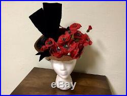 Antique Victorian Hat 1890s Straw Red Poppies