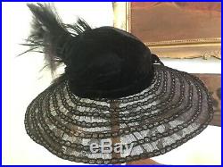 Antique Victorian Hat Black Velvet with French Metal Thread Lace Huge Black BIRD