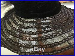 Antique Victorian Hat Black Velvet with French Metal Thread Lace Huge Black BIRD
