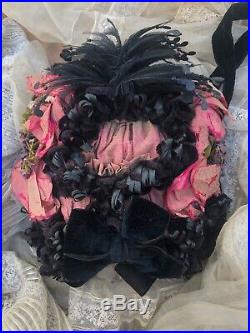 Antique Victorian Hat Pink Ribbon Roses Lavender Flowers Feathers Music Notes