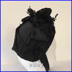 Antique Victorian Ladies Black Hat Chin Ribbons Tagged Margaret Hamilton 1880s