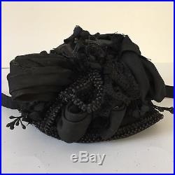 Antique Victorian Ladies Black Hat Chin Ribbons Tagged Margaret Hamilton 1880s