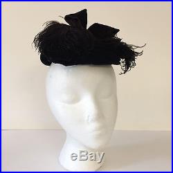 Antique Victorian Ladies Calot Hat Black Velvet Ostrich Feathers Tagged Cousley