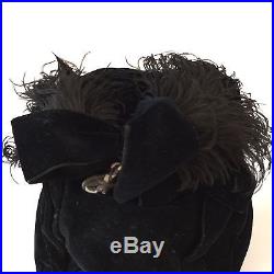 Antique Victorian Ladies Calot Hat Black Velvet Ostrich Feathers Tagged Cousley