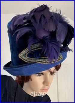 Antique Victorian Ladies Tall'Flower Pot' Hat Blue Velvet w Purple Plumes