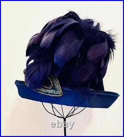 Antique Victorian Ladies Tall'Flower Pot' Hat Blue Velvet w Purple Plumes