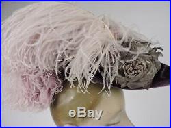 Antique Victorian Purple Velvet Hat W Lame Roses & Ostrich Plumes