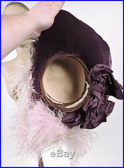 Antique Victorian Purple Velvet Hat W Lame Roses & Ostrich Plumes