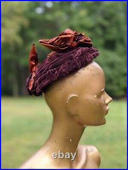 Antique Victorian Red Wine Velvet Hat W Brown Silk Satin Bows