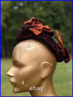 Antique Victorian Red Wine Velvet Hat W Brown Silk Satin Bows