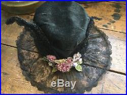 Antique Victorian Velvet Hat w Silk Metal Thread Millinery FlowersSequinsLace