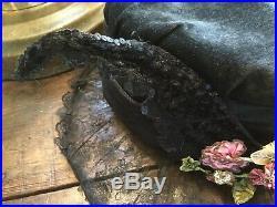 Antique Victorian Velvet Hat w Silk Metal Thread Millinery FlowersSequinsLace