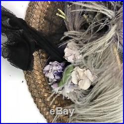 Antique Victorian Violet Ostrich Feather Straw Hat