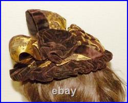 Antique Victorian Vtg 1890 Brown Plaid Velvet Gold Satin Floral Ribbon Dress Hat
