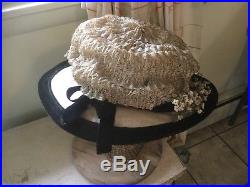 Antique Victorian buggy touring hat with velvet, silk, raffia, millinery flowers