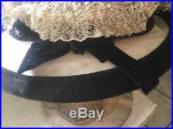 Antique Victorian buggy touring hat with velvet, silk, raffia, millinery flowers