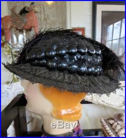 Antique Victorian/edwardian Black Chantilly Lace & Feathers Straw Hat 21