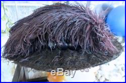 Antique Victorian/edwardian Black Chantilly Lace & Feathers Straw Hat 21
