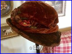 Antique Victorian hat velvet with silk millinery flowers & lace by Laurel Paris