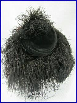 Antique Vintage 1900's Black Velvet Ostrich Hat Wide Brim French Millinery