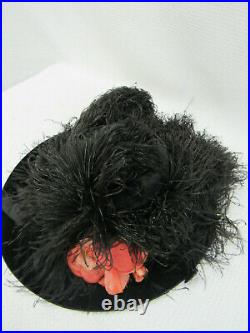 Antique Vintage 1900's Black Velvet Ostrich Hat Wide Brim French Millinery
