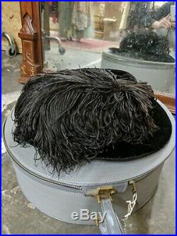 Antique Vintage 1910s Titanic Era Edwardian Velvet Ostrich Feather Wide Brim Hat