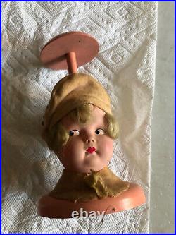 Antique Vintage Art Deco Painted Wooden Hat Stand Lady Doll Head Flirty Eyes