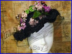 Antique Vintage Bonnet Hat Silk Straw-LILY of VALLEY-Fabric Flowers-Mlle. Aileen
