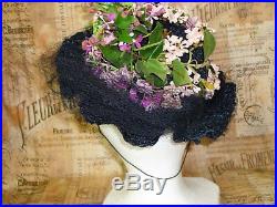 Antique Vintage Bonnet Hat Silk Straw-LILY of VALLEY-Fabric Flowers-Mlle. Aileen