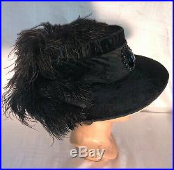 Antique Vintage Edwardian Hat Ostrich Plumes Jet Beaded Ornament