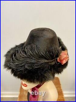 Antique Vintage Fur Hat With Ostrich Feather Pink Rose & Silk Velvet Ribbon Ties