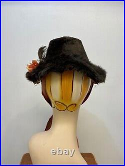 Antique Vintage Fur Hat With Ostrich Feather Pink Rose & Silk Velvet Ribbon Ties