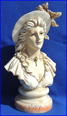 Antique/Vtg 16 Bust Victorian Lady Woman Hat Sculpture Statue Marble Base #5274