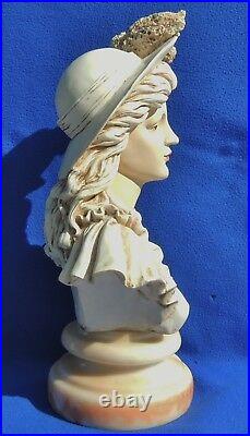 Antique/Vtg 16 Bust Victorian Lady Woman Hat Sculpture Statue Marble Base #5274