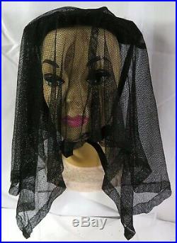 Antique Vtg Victorian Womens 1800s Black Funeral Mourning Hat Veil Pin Bonnet