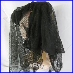 Antique Vtg Victorian Womens 1800s Black Funeral Mourning Hat Veil Pin Bonnet
