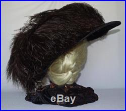 Antique Wide Brim Gibson Girl Black Ostrich Feather Velvet Hat