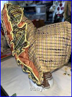 Antique Woman's Bonnet Plaid Ruffles Wired Brim Taffeta Ribbon Lace