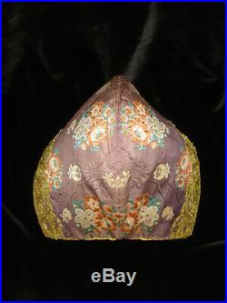 Antique french 18thc georgian ladies silk brocade gold lace coiffe bonnet