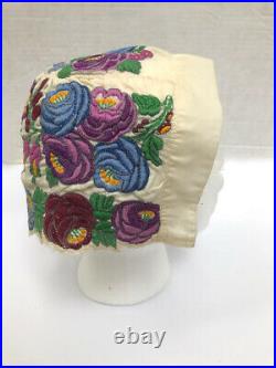 Antique unusual Women's Floral intricate embroidered white linen bonnet hat cap