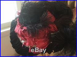 Antique vtg Victorian black velvet hat with ostrich featherslacered ribbon