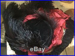 Antique vtg Victorian black velvet hat with ostrich featherslacered ribbon