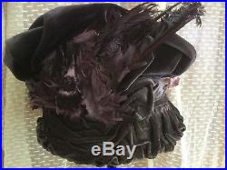 Antique vtg Victorian purple velvet hat w real taxidermy bird & pink silk ribbon