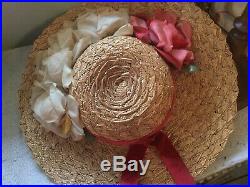 Antique vtg ladies woven straw hat w velvetsilk millinery rosesvelvet ribbon