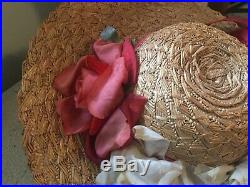 Antique vtg ladies woven straw hat w velvetsilk millinery rosesvelvet ribbon