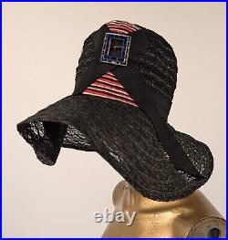 Art Deco 1920's Black Straw Hat W Stripe + Buckle Detail W Label Inside