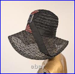 Art Deco 1920's Black Straw Hat W Stripe + Buckle Detail W Label Inside