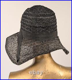 Art Deco 1920's Black Straw Hat W Stripe + Buckle Detail W Label Inside