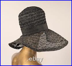 Art Deco 1920's Black Straw Hat W Stripe + Buckle Detail W Label Inside