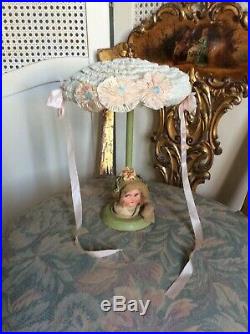 Art Deco German Wood and Composition Doll Hat Stand, Silk Ribbon Work